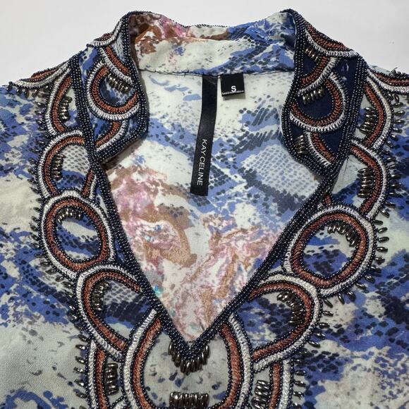 Kay Celine Women's Mesh Beaded Sheer Tunic Blouse Peasant Fairy Glams Boho Small - Picture 5 of 9